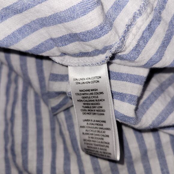 Beach Lunch Lounge Linen Dress Large Tiered Blue White Striped Puff Cottagecore - Picture 6 of 10